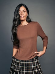 Rust Brown Soft Touch Ribbed Long Sleeve T-Shirt with TENCEL™ Lyocell - Image 1 of 6