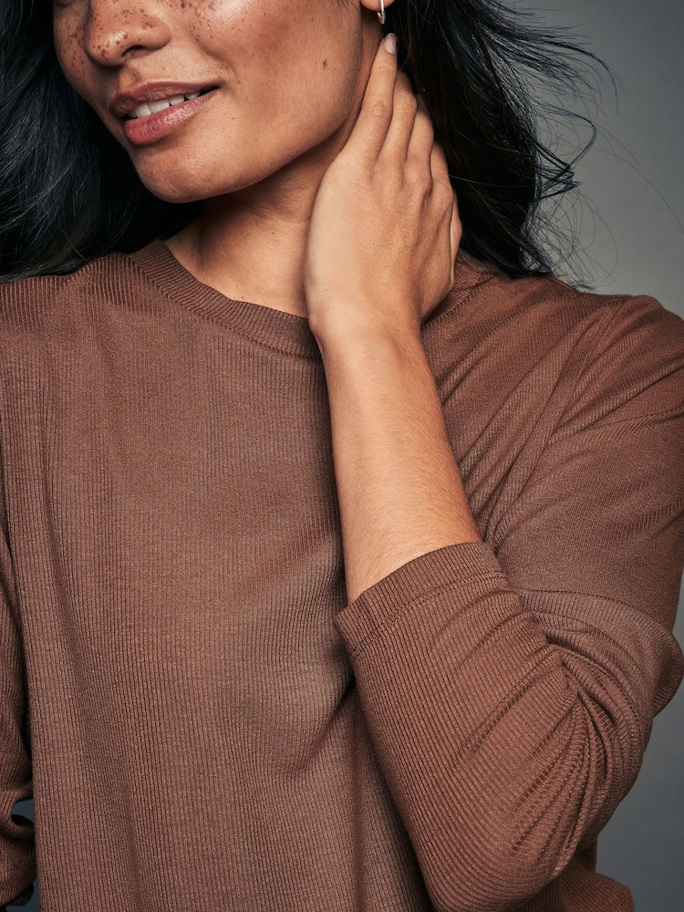 Rust Brown Soft Touch Ribbed Long Sleeve T-Shirt with TENCEL™ Lyocell - Image 3 of 6