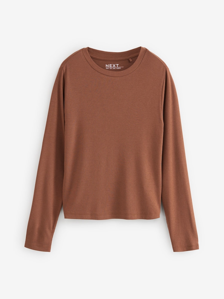Rust Brown Soft Touch Ribbed Long Sleeve T-Shirt with TENCEL™ Lyocell - Image 4 of 6