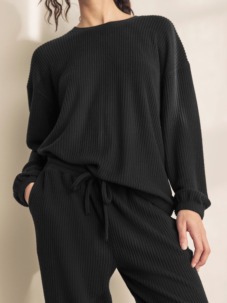 Black Cosy Waffle Long Sleeve Pyjamas - Image 2 of 9