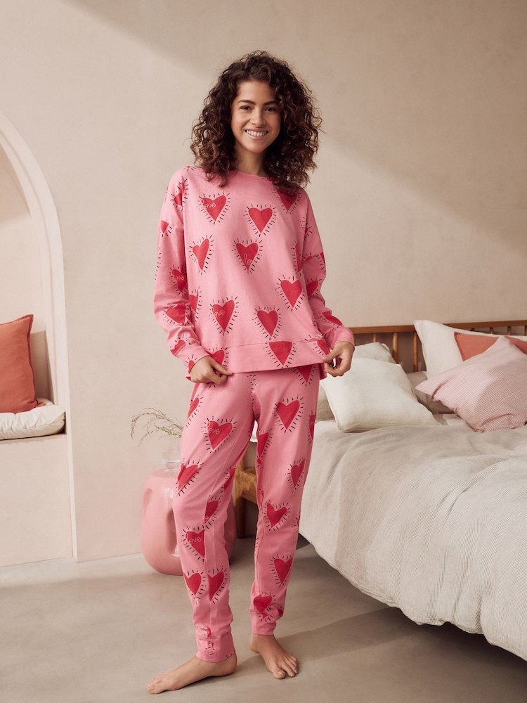 Roze met hartjesprint - 100% katoenen pyjama met lange mouwen - Image 4 of 12