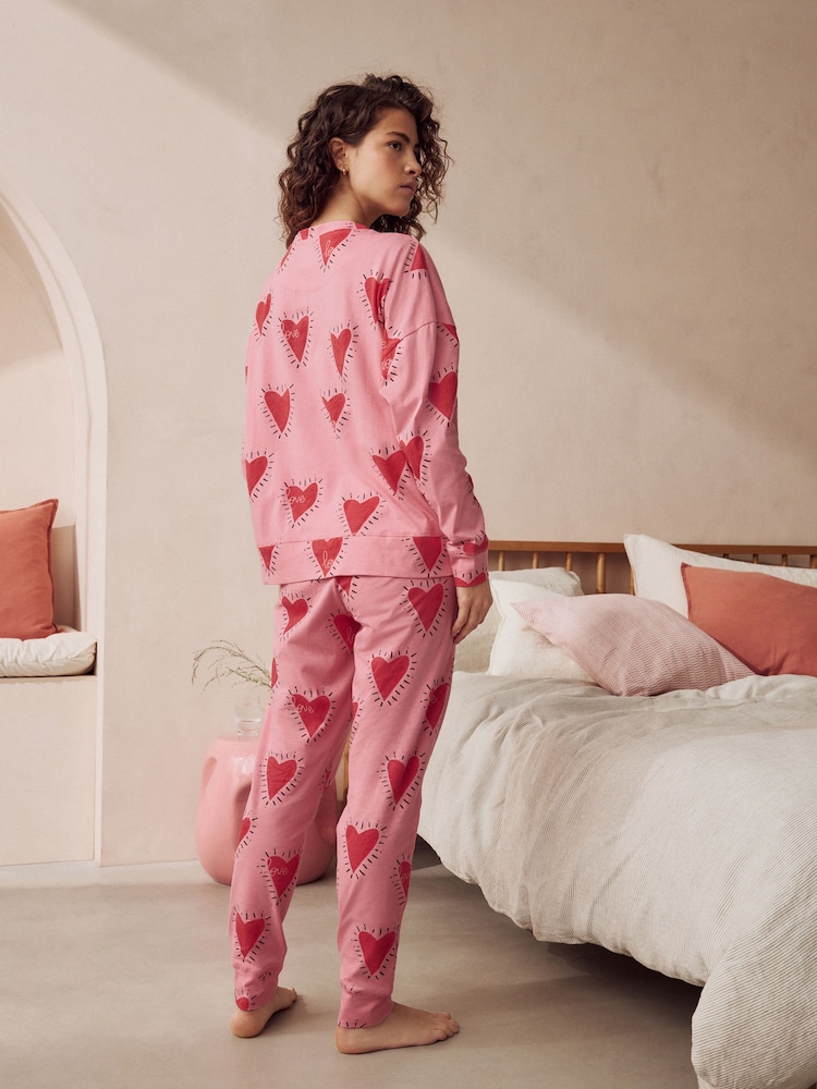 Roze met hartjesprint - 100% katoenen pyjama met lange mouwen - Image 5 of 12