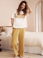 Ochre Yellow Stripe Short Sleeve and Fleece Bottom Pyjamas - Image 1 of 12