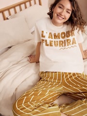 Ochre Yellow Stripe Short Sleeve and Fleece Bottom Pyjamas - Image 2 of 12