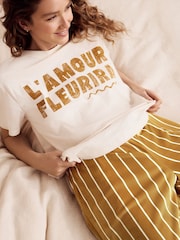Ochre Yellow Stripe Short Sleeve and Fleece Bottom Pyjamas - Image 3 of 12