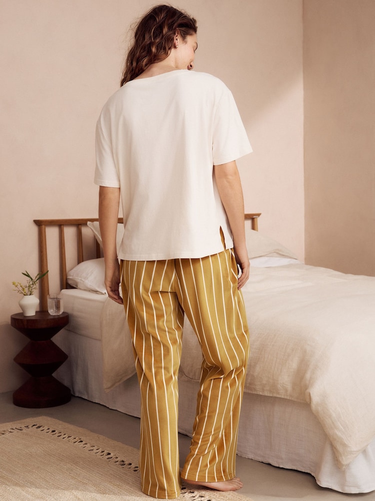 Ochre Yellow Stripe Short Sleeve and Fleece Bottom Pyjamas - Image 5 of 12