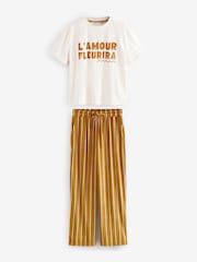 Ochre Yellow Stripe Short Sleeve and Fleece Bottom Pyjamas - Image 8 of 12