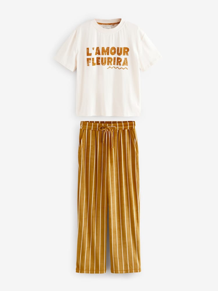 Ochre Yellow Stripe Short Sleeve and Fleece Bottom Pyjamas - Image 8 of 12