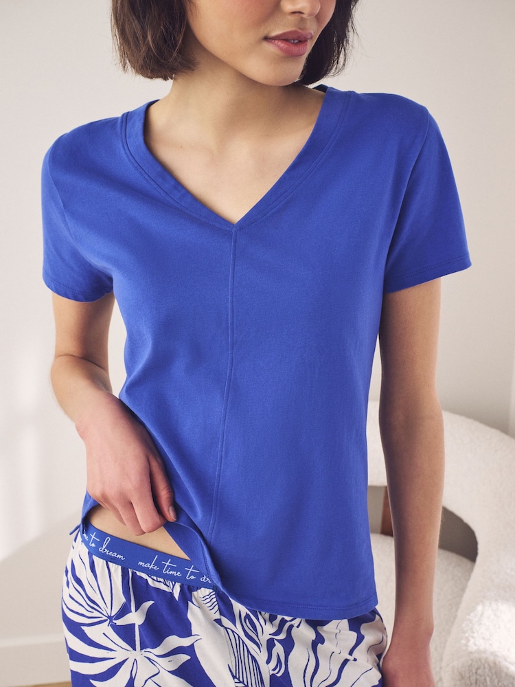 Cobalt Blue Leaf 100% Cotton Short Sleeve Pyjamas - Image 2 of 8