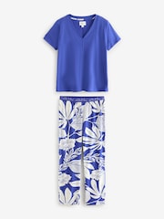 Cobalt Blue Leaf 100% Cotton Short Sleeve Pyjamas - Image 4 of 8