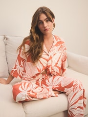 Rust Brown Leaf Linen Blend Button Through Pyjamas - Image 1 of 11