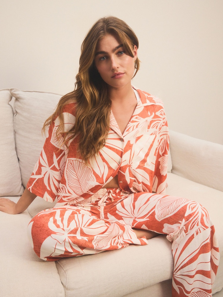 Rust Brown Leaf Linen Blend Button Through Pyjamas - Image 1 of 11