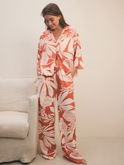 Rust Brown Leaf Linen Blend Button Through Pyjamas - Image 5 of 11