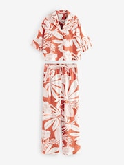 Rust Brown Leaf Linen Blend Button Through Pyjamas - Image 7 of 11