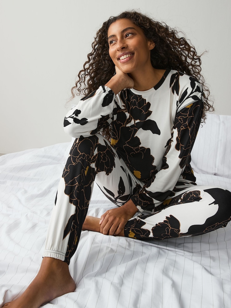 Black/Ochre Floral Cosy Long Sleeve Pyjamas - Image 1 of 7