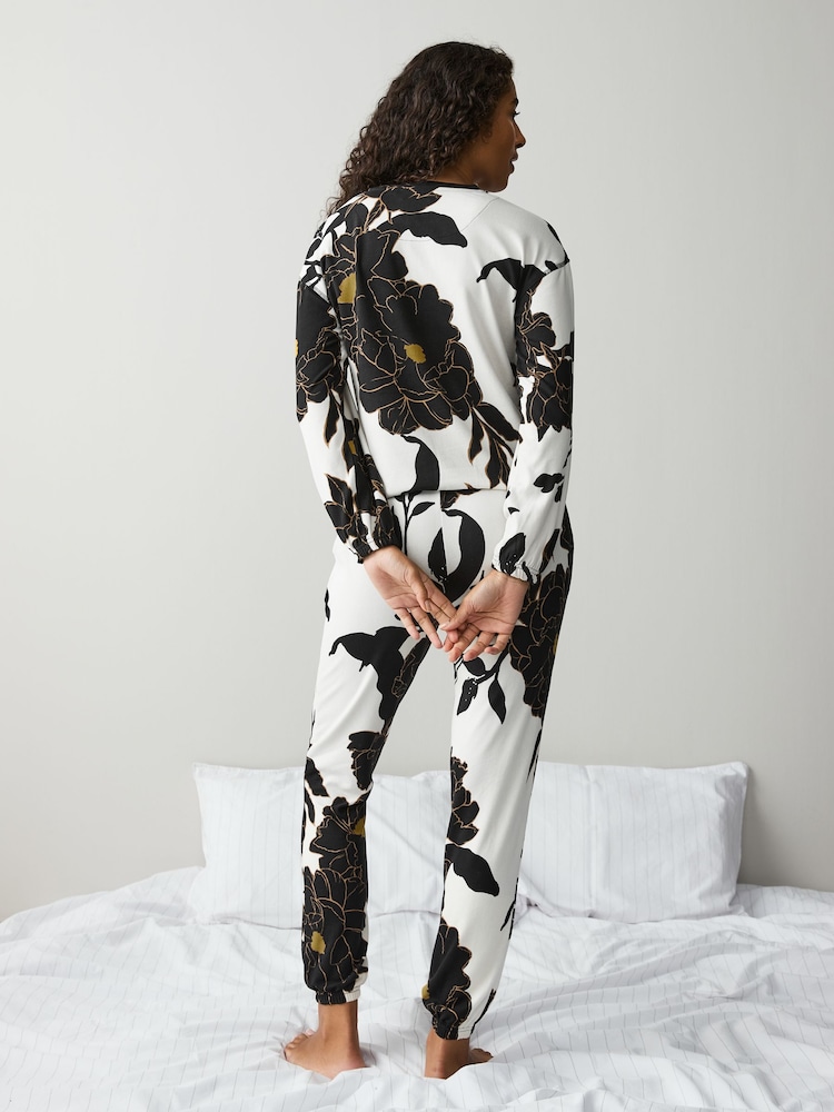 Black/Ochre Floral Cosy Long Sleeve Pyjamas - Image 2 of 7