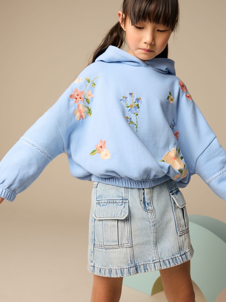Blue Floral Print Embroidered Elasticated Hoodie (3-16yrs) - Image 1 of 8
