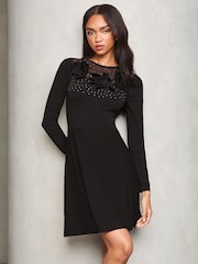 Lipsy Black Velvet Floral Applique Knitted Dress - Image 1 of 4