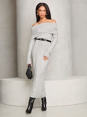 Lipsy Grey Foldover Bardot Ribbed Knitted Jumper Dress - Image 1 of 4