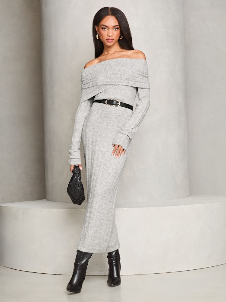 Lipsy Grey Foldover Bardot Ribbed Knitted Jumper Dress - Image 1 of 4