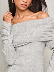 Lipsy Grey Foldover Bardot Ribbed Knitted Jumper Dress - Image 3 of 4