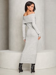Lipsy Grey Foldover Bardot Ribbed Knitted Jumper Dress - Image 4 of 4