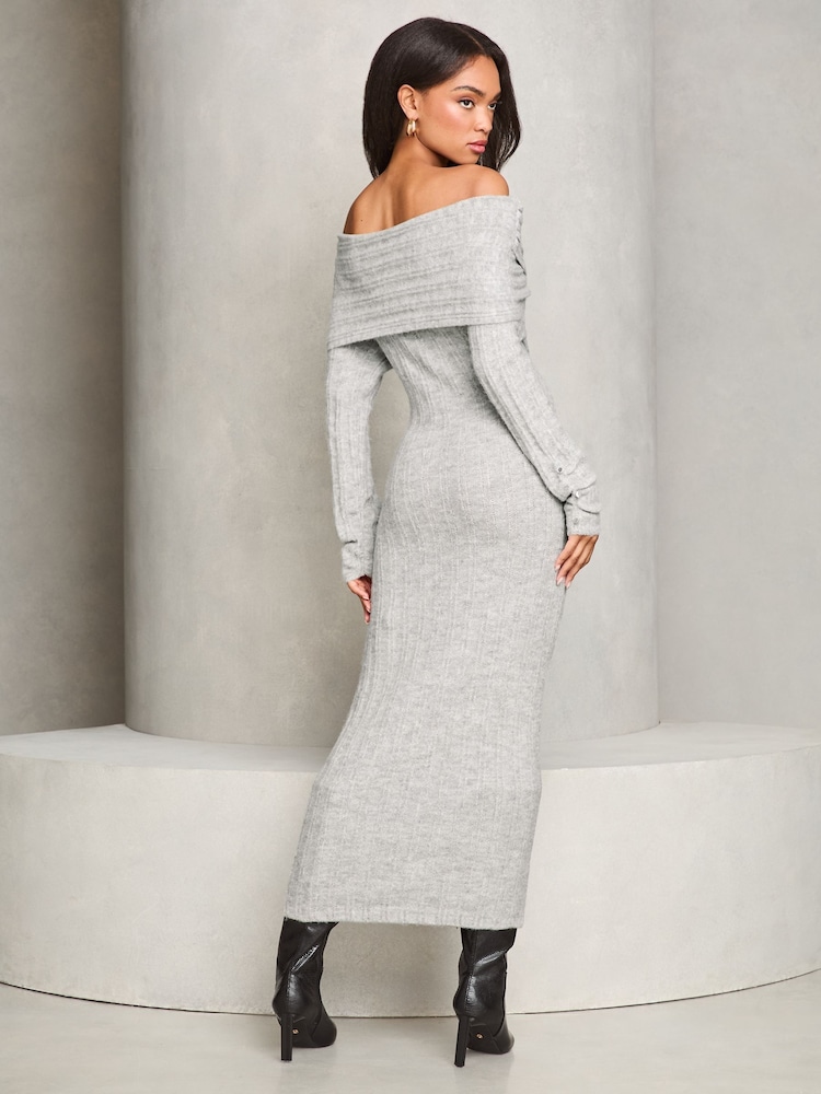 Lipsy Grey Foldover Bardot Ribbed Knitted Jumper Dress - Image 4 of 4