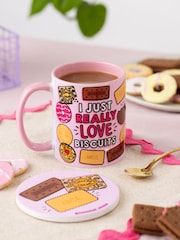 Sam Jayne Designs Pink I really love biscuits Mug and Coaster Giftset - Image 1 of 1