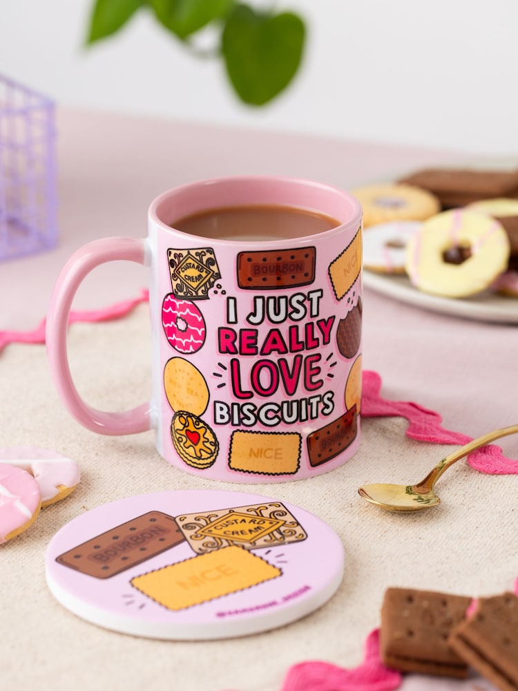 Sam Jayne Designs Pink I really love biscuits Mug and Coaster Giftset - Image 1 of 1