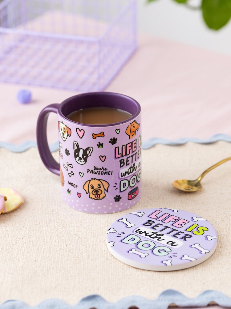 Sam Jayne Designs Purple Life is better with a Dog Mug and Coaster Giftset - Image 1 of 4