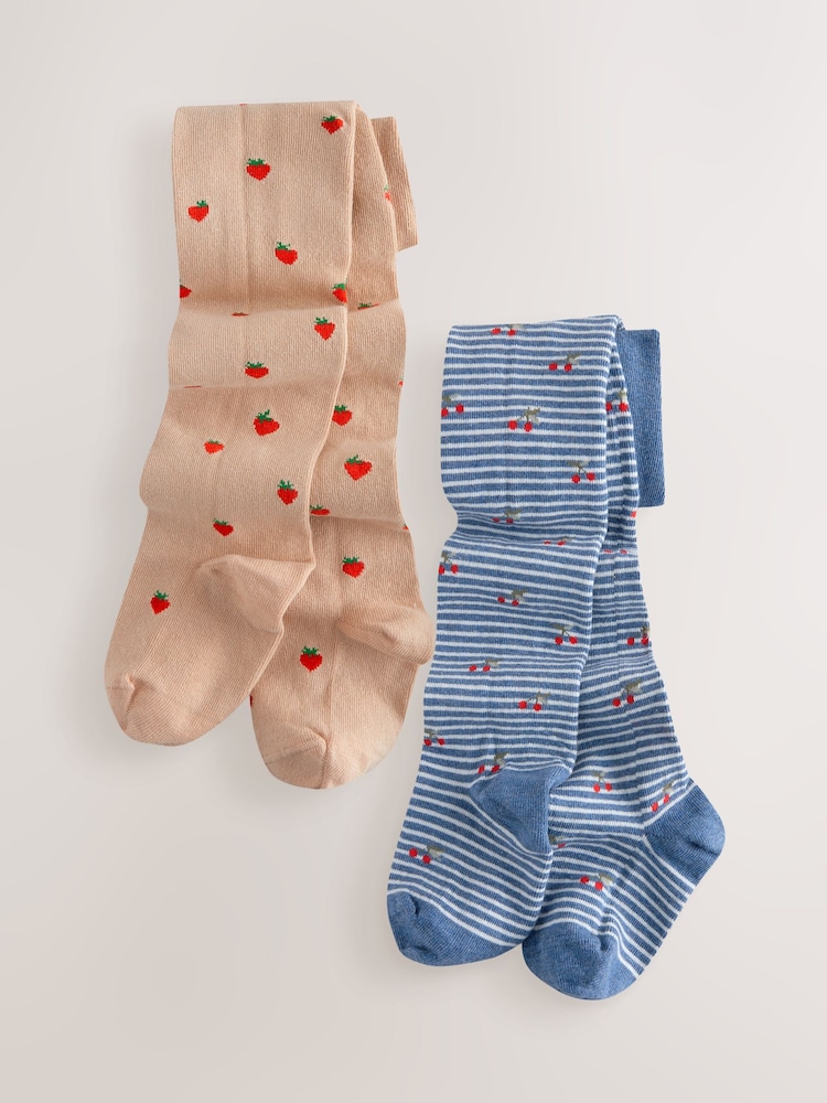 Blue and Neutral Brown 2 Pack Cotton Rich Strawberry and Cherry Tights - Image 1 of 5