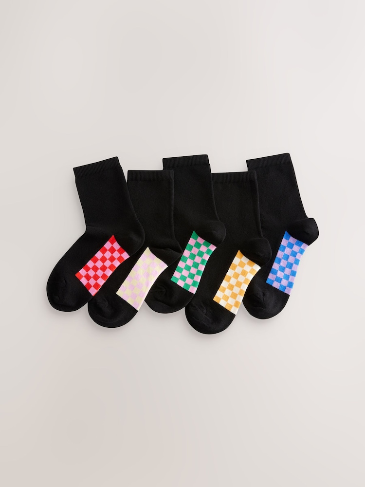 Black Checkerboard 5 Pack Cotton Rich Footbed Ankle School Socks - Image 1 of 4 Black Checkerboard 5 Pack Cotton Rich Footbed Ankle School Socks - Image 1 of 4