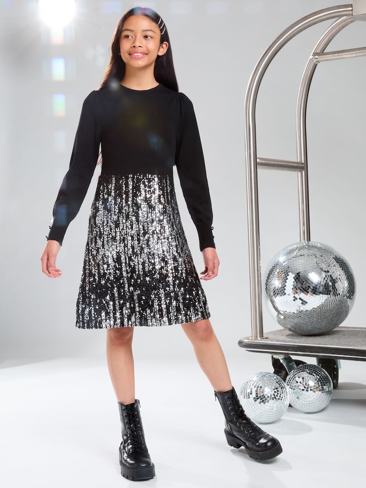 Lipsy Black Sequin 2-in-1 Party Dress (5-16yrs) - Image 1 of 4