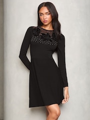Lipsy Black Petite Velvet Floral Applique Knitted Dress - Image 1 of 4