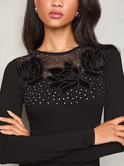Lipsy Black Petite Velvet Floral Applique Knitted Dress - Image 2 of 4