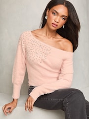 Lipsy Pink Petite Diamonte Placement Bardot Knitted Jumper - Image 1 of 4