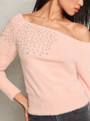 Lipsy Pink Petite Diamonte Placement Bardot Knitted Jumper - Image 3 of 4