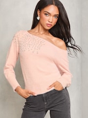 Lipsy Pink Diamonte Placement Bardot Knitted Jumper - Image 1 of 4