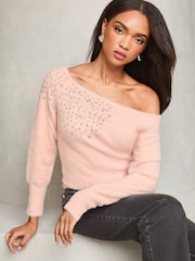 Lipsy Pink Diamonte Placement Bardot Knitted Jumper - Image 2 of 4