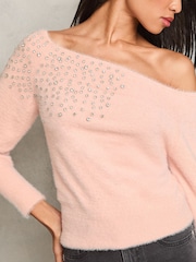 Lipsy Pink Diamonte Placement Bardot Knitted Jumper - Image 3 of 4