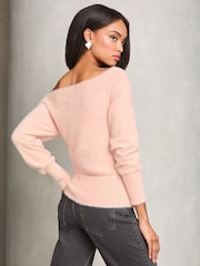Lipsy Pink Diamonte Placement Bardot Knitted Jumper - Image 4 of 4