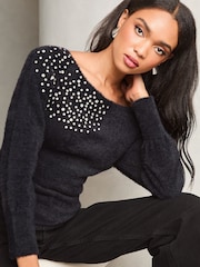 Lipsy Black Diamonte Placement Bardot Knitted Jumper - Image 1 of 4