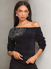 Lipsy Black Diamonte Placement Bardot Knitted Jumper - Image 2 of 4