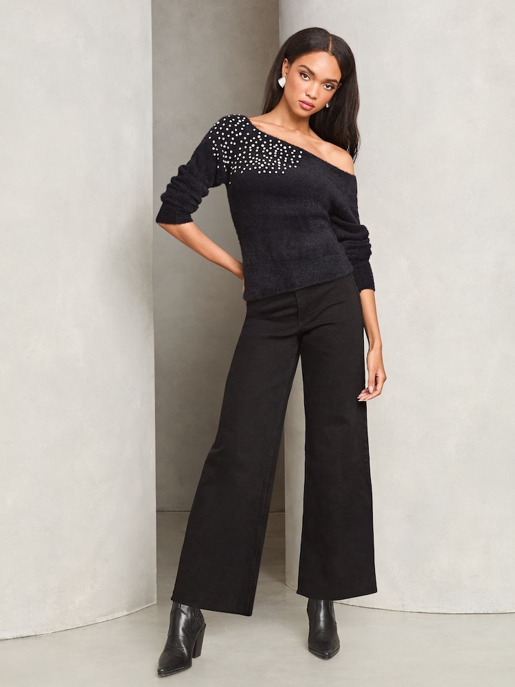 Lipsy Black Diamonte Placement Bardot Knitted Jumper - Image 3 of 4