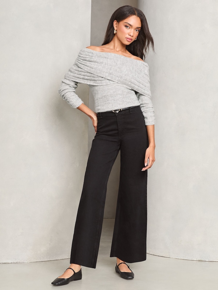 Lipsy Grey Foldover Bardot Ribbed Knitted Jumper - Image 2 of 4