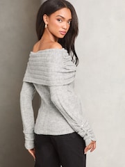 Lipsy Grey Foldover Bardot Ribbed Knitted Jumper - Image 4 of 4