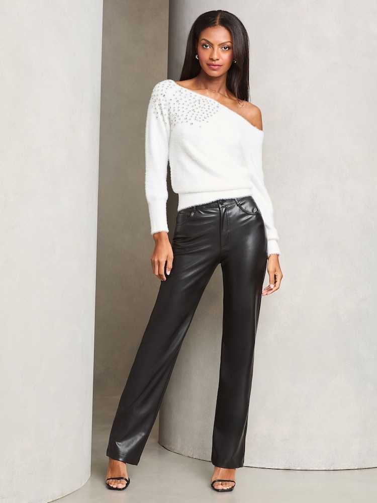 Lipsy Ivory White Diamonte Placement Bardot Knitted Jumper - Image 2 of 4