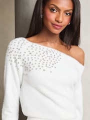 Lipsy Ivory White Diamonte Placement Bardot Knitted Jumper - Image 3 of 4