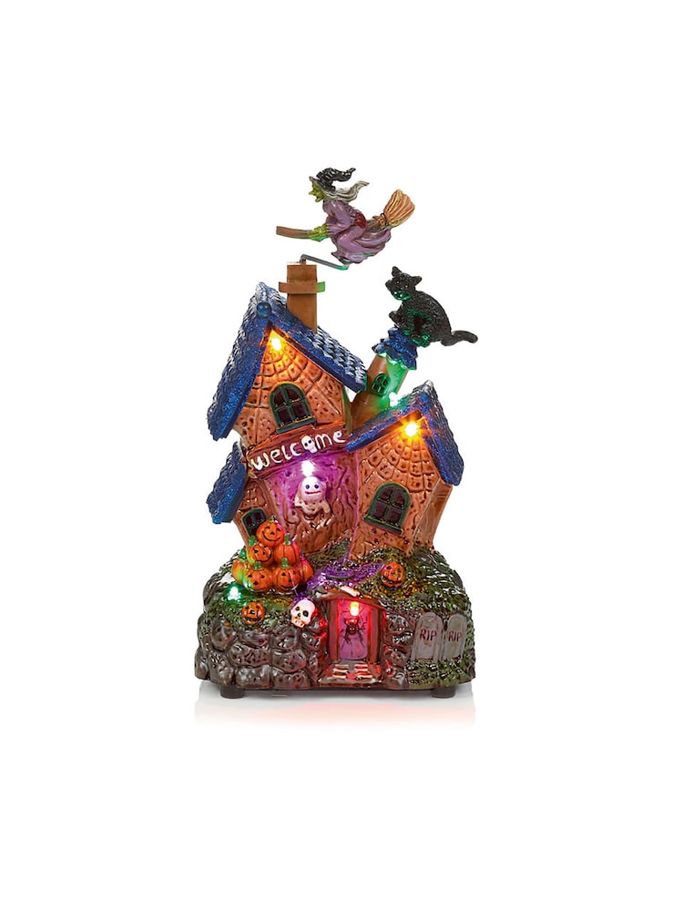 Premier Decorations Ltd 24cm BO Lit Musical Haunted House Flying Witch LED Light - Image 1 of 1