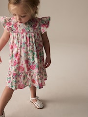Pink Floral Shirred Angel Sleeve Dress (3mths-8yrs) - Image 1 of 8
